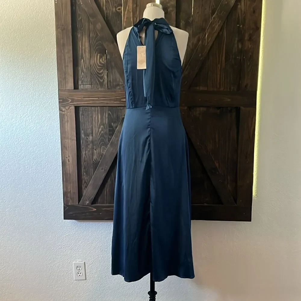 Satin Fall Solid Color Sexy High Waist Slit Neck Evening Dress Homecoming Dress - Picture 9 of 15